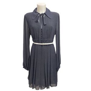 Michael Kors Navy Polka Dot Chiffon Mini Longsleeve Casual Dress w/ belt sz‎ 14